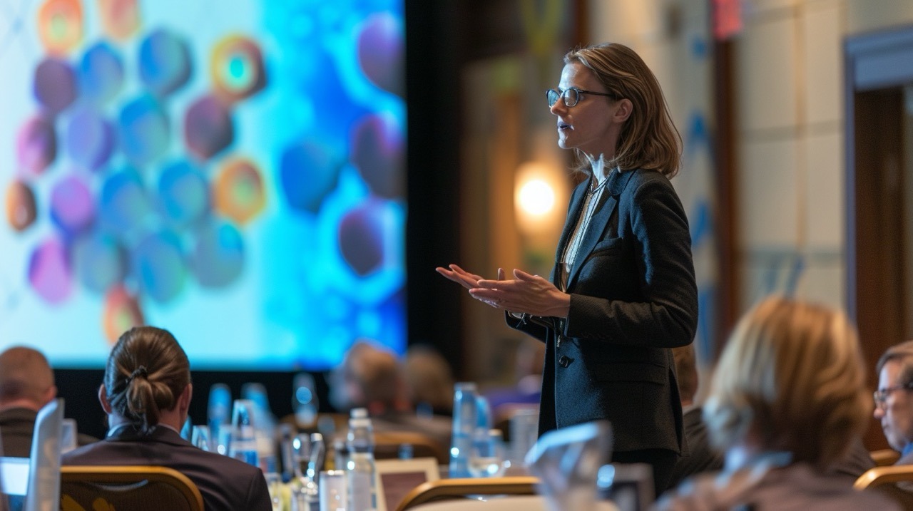 A keynote speaker at a biotech conference, engaging the audience with a presentation on the latest industry trends and innovations.