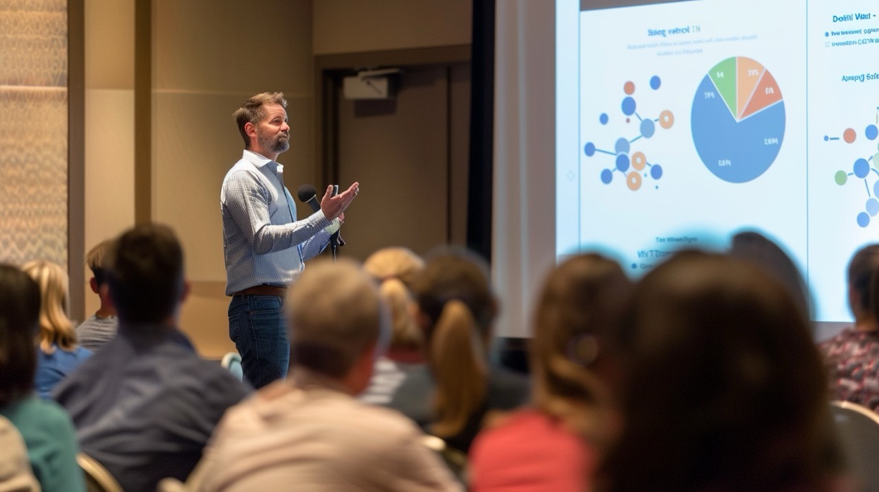 A keynote speaker at a biotech conference, engaging the audience with a presentation on the latest industry trends and innovations.
