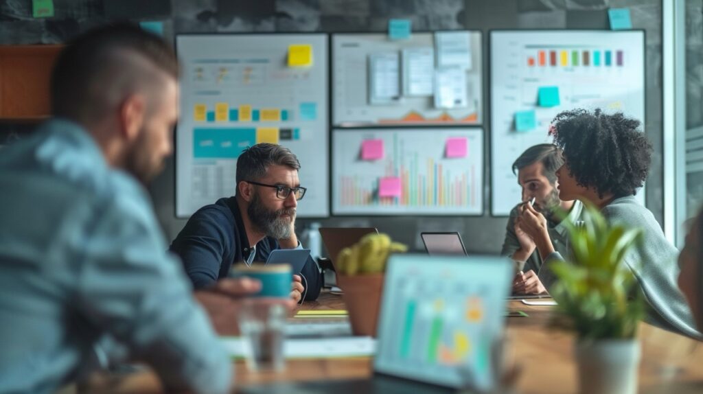 A group of marketing professionals in a conference room, brainstorming and discussing content strategies, with whiteboards and charts in the background.