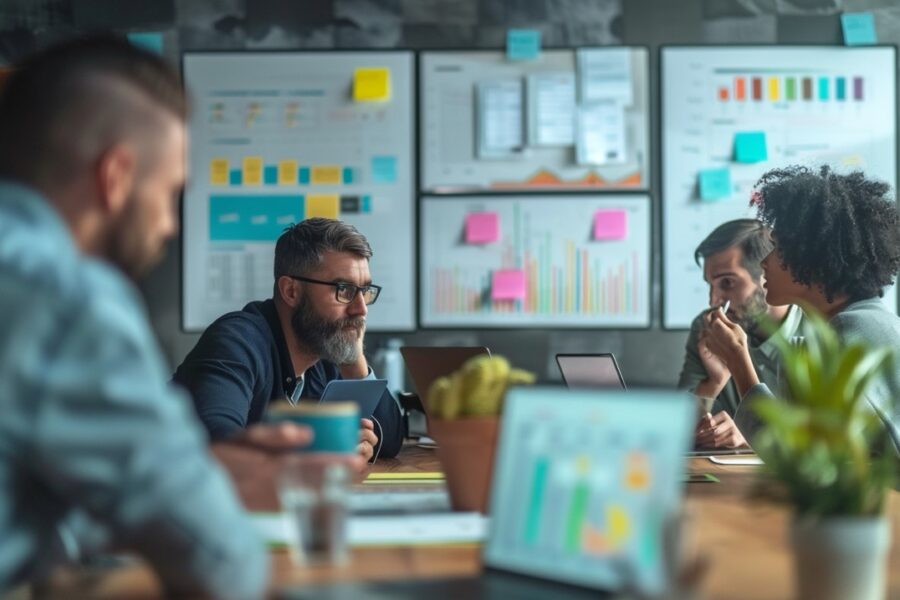 A group of marketing professionals in a conference room, brainstorming and discussing content strategies, with whiteboards and charts in the background.