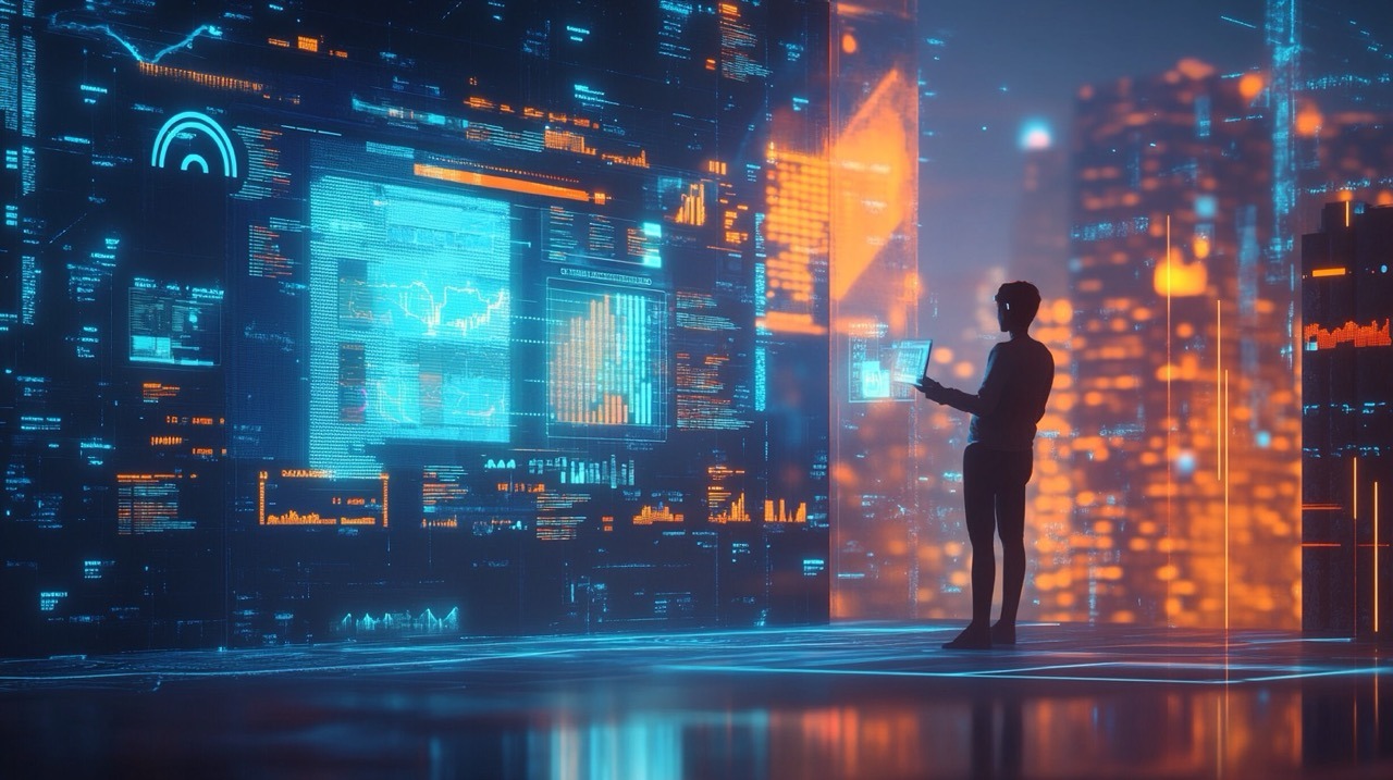 A digital landscape with a futuristic city skyline in the background, a human marketer interacting with a large, glowing AI interface displaying data and charts.