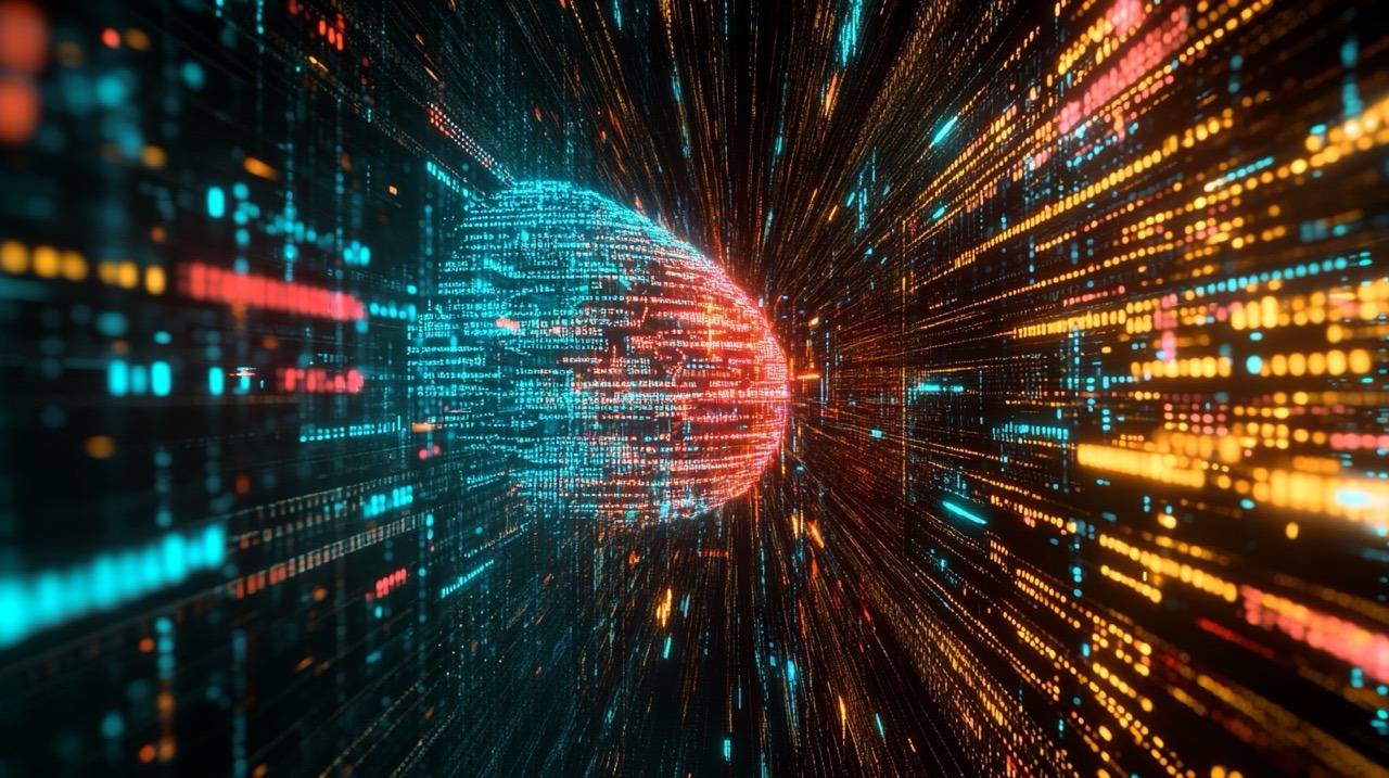 An image depicting streams of binary code flowing into a glowing AI brain structure, which transforms the data into colorful graphs and charts, representing the process of AI analyzing data and generating actionable insights.