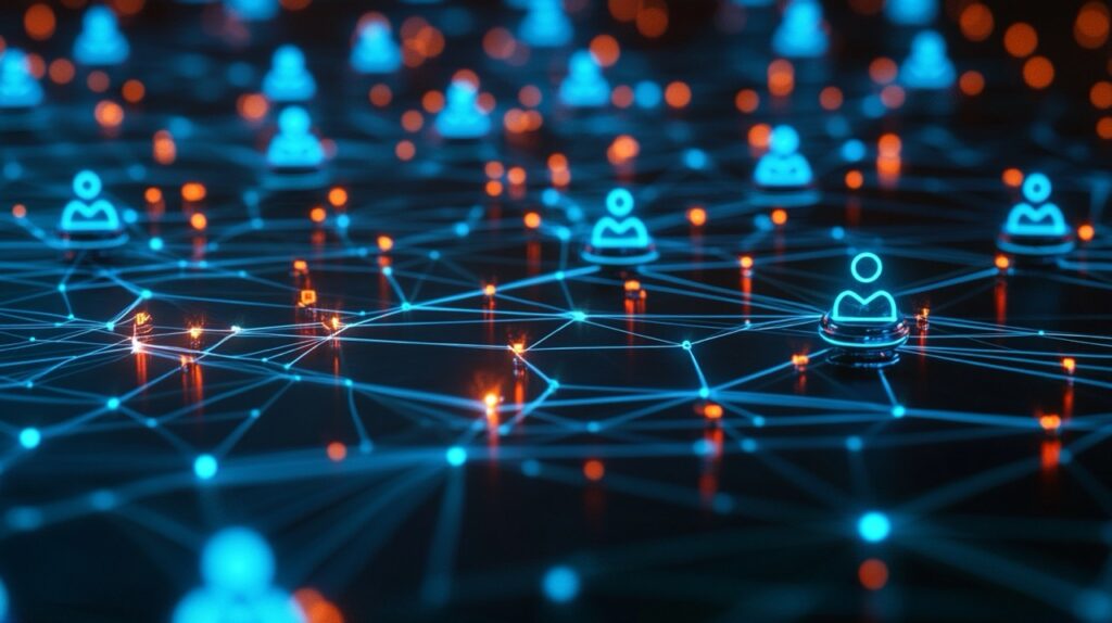 An illustration of a digital network with interconnected customer profiles and AI algorithms represented as glowing orbs analyzing profiles to create tailored marketing messages, showcasing AI-driven personalization.