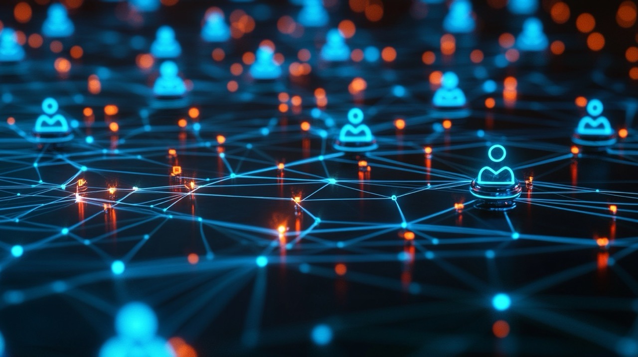 An illustration of a digital network with interconnected customer profiles and AI algorithms represented as glowing orbs analyzing profiles to create tailored marketing messages, showcasing AI-driven personalization.
