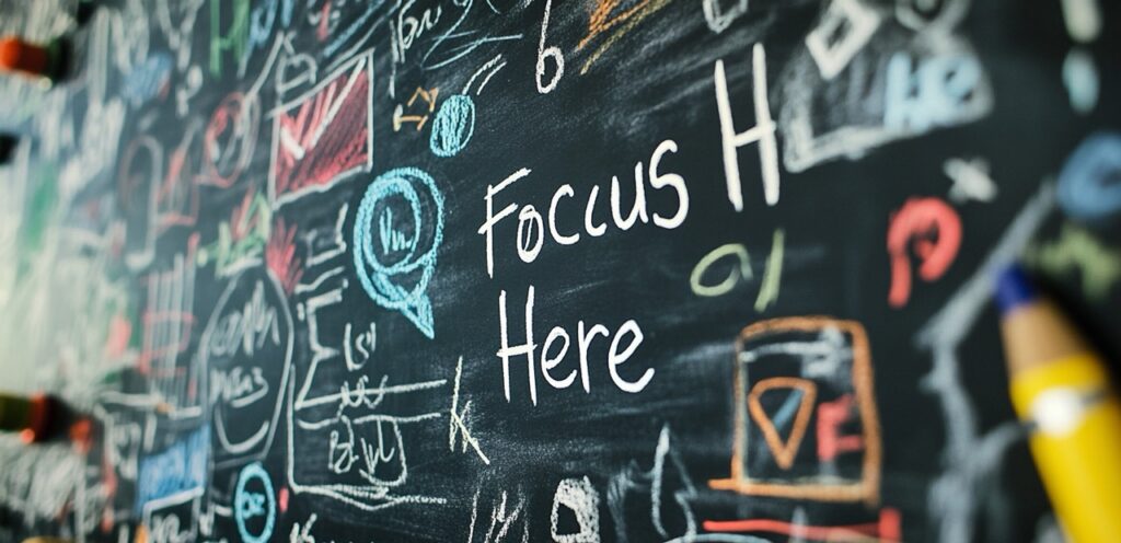 A cluttered chalkboard full of marketing jargon and crossed-out items, with one clean section that says: "Focus Here →"