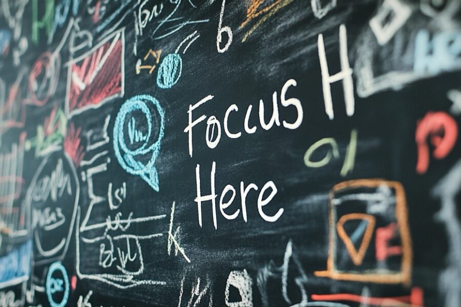 A cluttered chalkboard full of marketing jargon and crossed-out items, with one clean section that says: "Focus Here →"