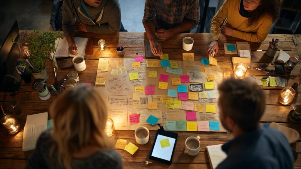 Overhead shot of a business owner and team placing colorful sticky notes on a large cork board, frustrated and confused by marketing efforts.