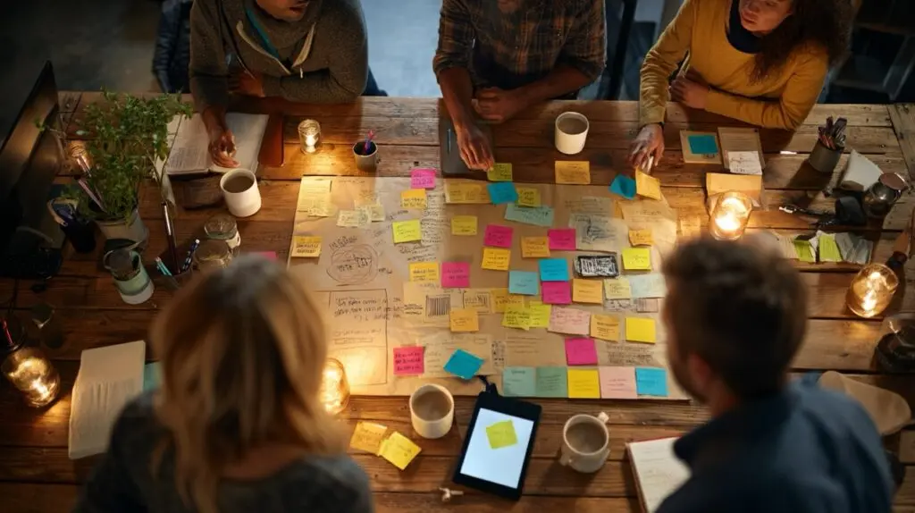 Overhead shot of a business owner and team placing colorful sticky notes on a large cork board, frustrated and confused by marketing efforts.