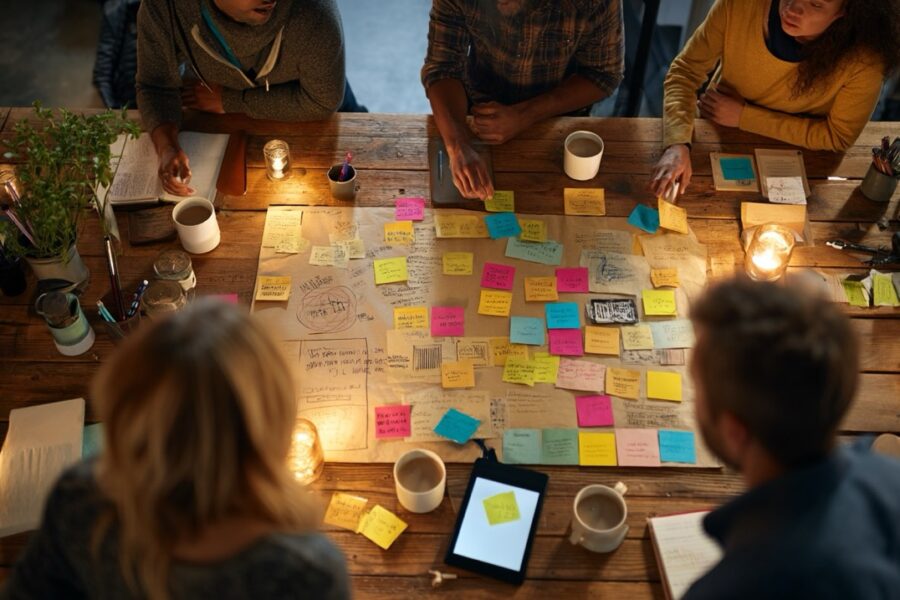 Overhead shot of a business owner and team placing colorful sticky notes on a large cork board, frustrated and confused by marketing efforts.