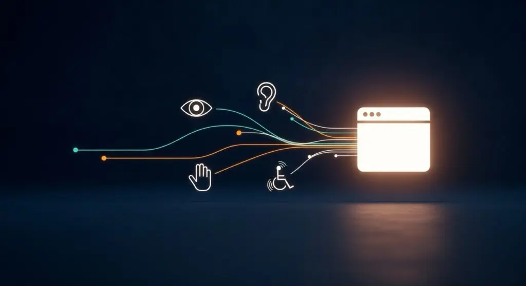 visualizing a website's impact rippling outwards, showing how accessibility touches users with different needs in a seamless, interconnected way.