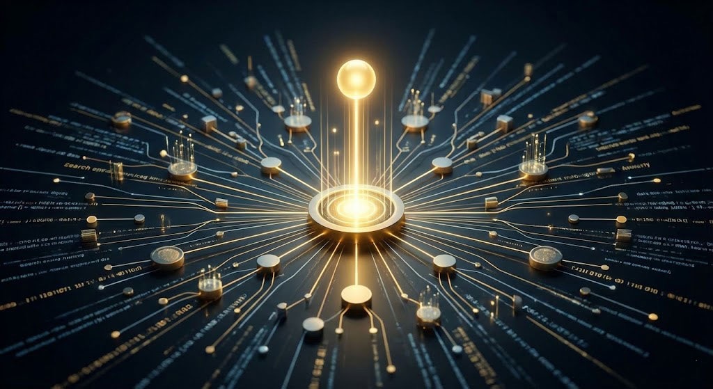 A digital illustration symbolizing authority and trust in a network. A prominent, glowing golden beacon at the center acts as a focal point, with numerous data streams and connections from the surrounding digital landscape converging upon it, representing a central, trusted source of information that search engines prioritize.