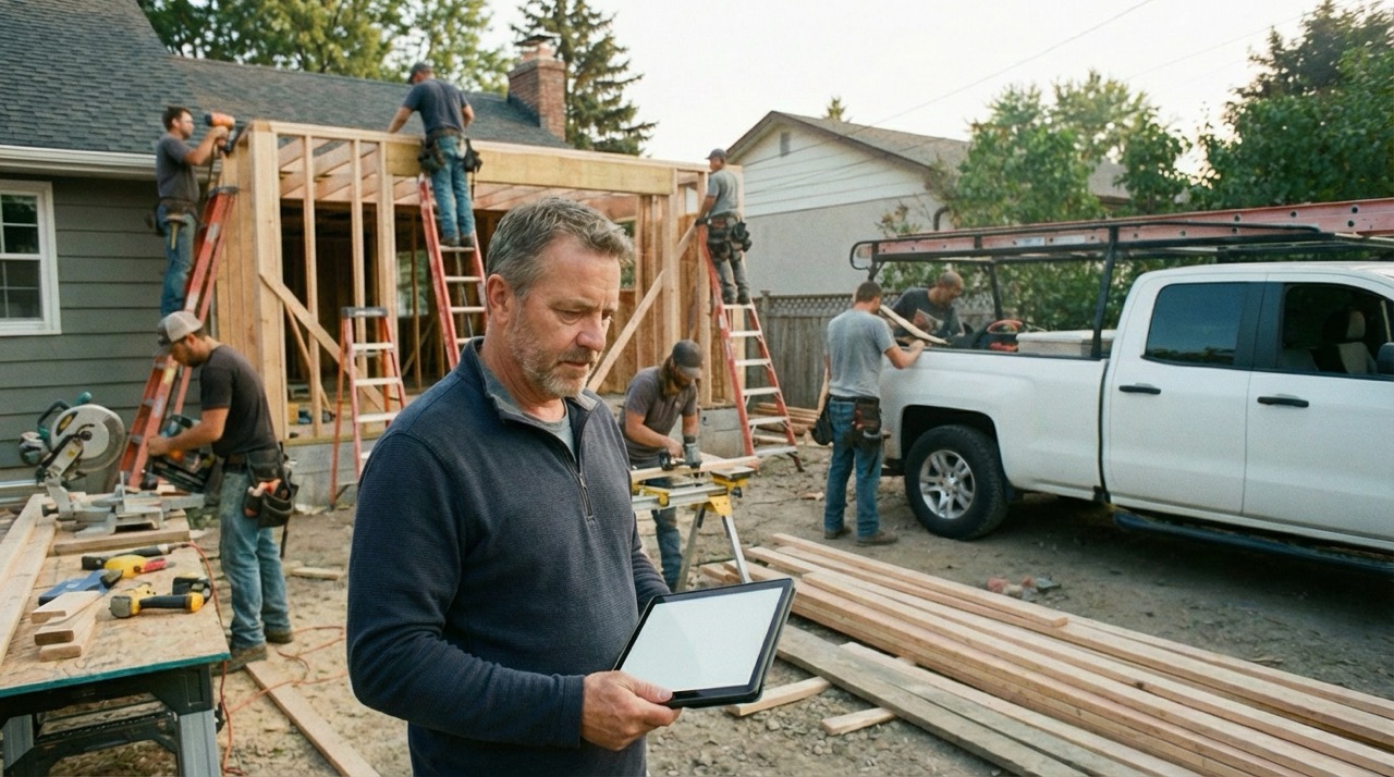 General contractor reviewing jobs on a tablet while his crew builds a home addition on a busy residential job site.