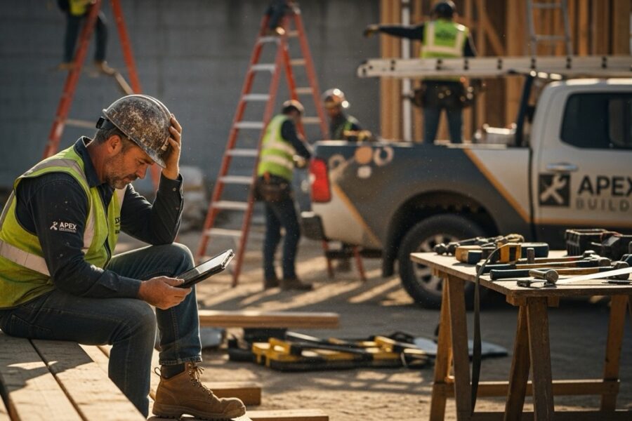 General contractor checking marketing and job leads on a tablet while his crew builds a home addition.