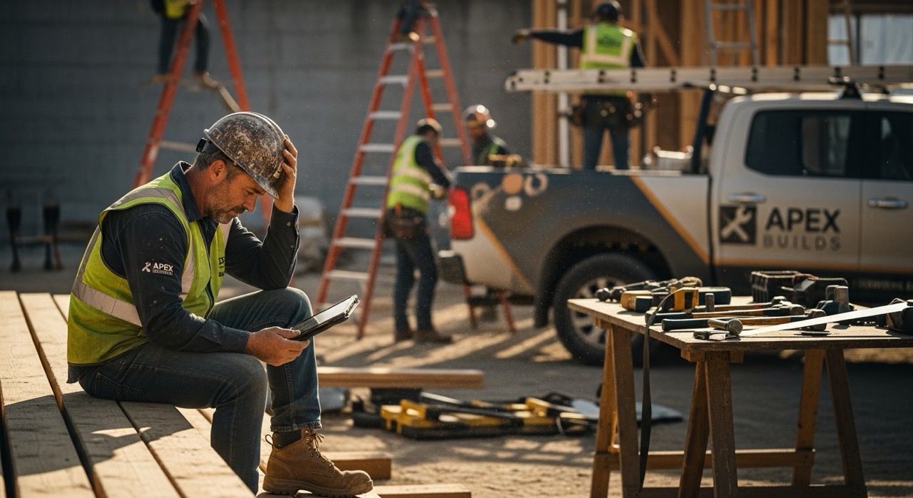 General contractor checking marketing and job leads on a tablet while his crew builds a home addition.