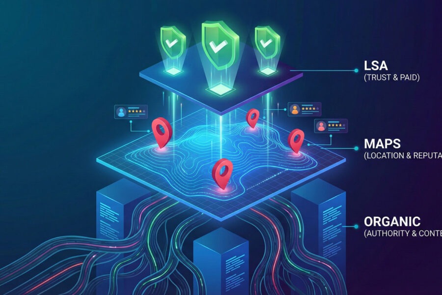 An isometric digital diagram illustrating the three tiered components of a Google SERP: Local Services Ads (LSA) at the top, the Google Maps local pack in the middle, and Organic search results as the foundation.