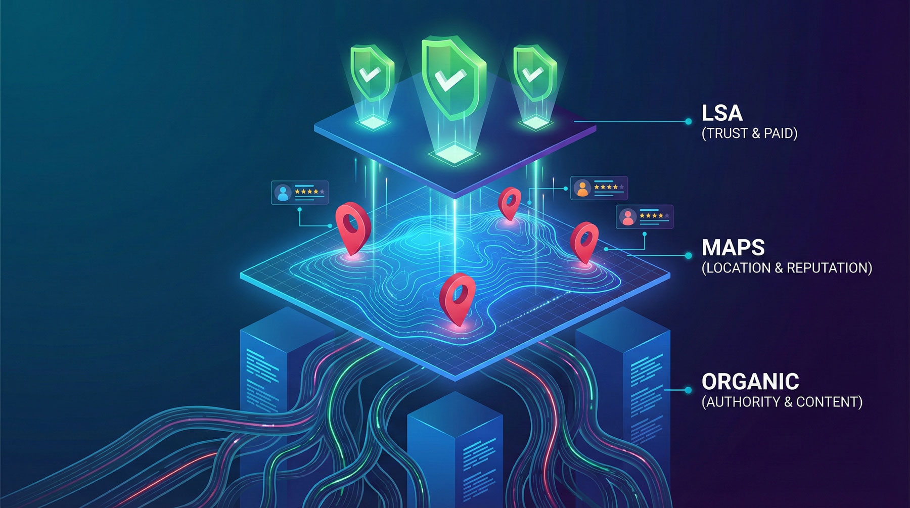 An isometric digital diagram illustrating the three tiered components of a Google SERP: Local Services Ads (LSA) at the top, the Google Maps local pack in the middle, and Organic search results as the foundation.