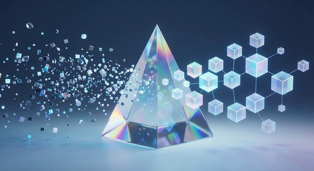 A conceptual illustration demonstrating the power of structured data. A stream of disorganized digital particles on the left passes through a prism and emerges on the right as a clean, organized network of glowing, interconnected cubes, symbolizing the transformation of raw data into structured knowledge that AI can understand.