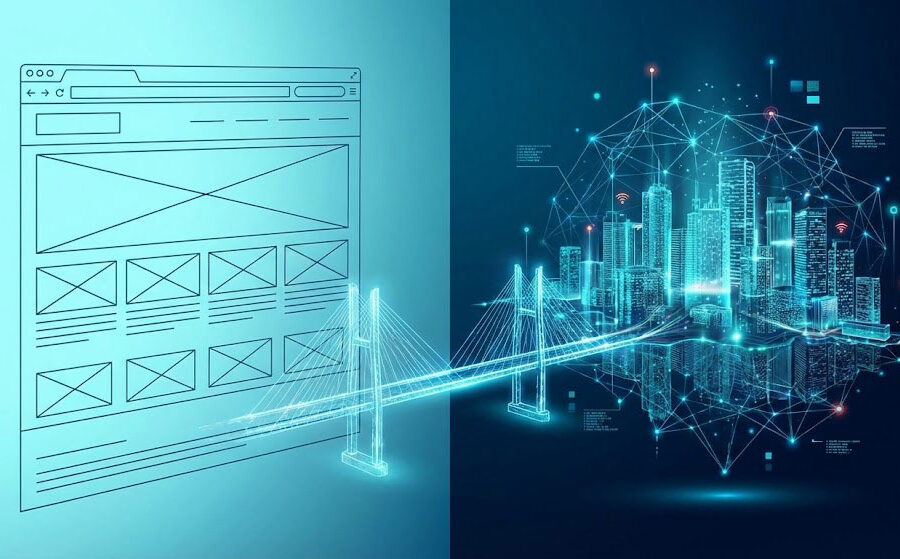 split-screen illustration showing the evolution of search. On the left, a simple wireframe of a webpage represents traditional SEO. A glowing bridge connects it to the right, where a complex, interconnected holographic smart city with data networks represents the future of AI search and Generative Engine Optimization (GEO).