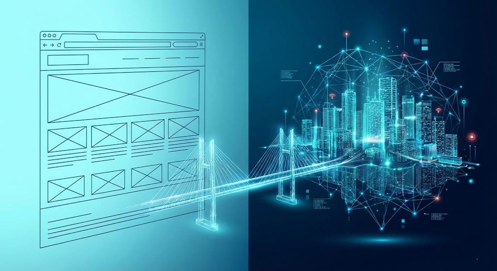 split-screen illustration showing the evolution of search. On the left, a simple wireframe of a webpage represents traditional SEO. A glowing bridge connects it to the right, where a complex, interconnected holographic smart city with data networks represents the future of AI search and Generative Engine Optimization (GEO).