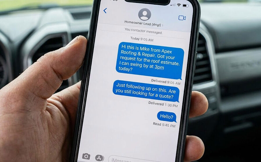 Contractor holding a smartphone in a work truck, showing a series of unreturned text messages to a homeowner lead, illustrating the frustration of "ghost leads" from shared platforms.