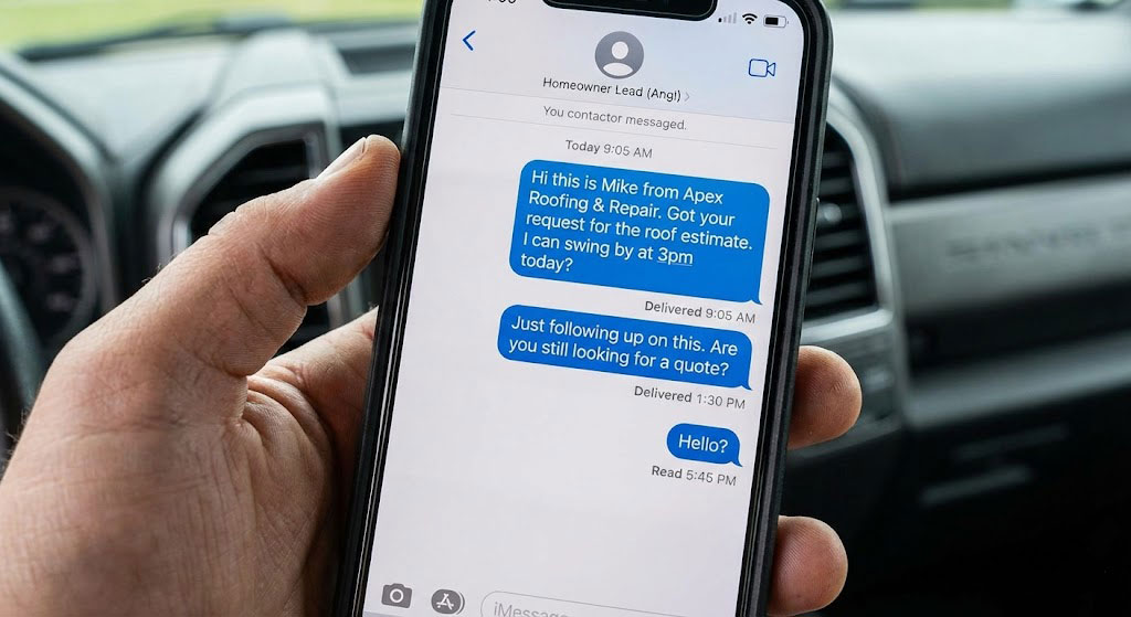 Contractor holding a smartphone in a work truck, showing a series of unreturned text messages to a homeowner lead, illustrating the frustration of "ghost leads" from shared platforms.
