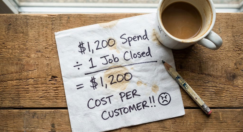 Handwritten napkin math showing the true cost of shared leads: $1,200 spend divided by 1 closed job equals a $1,200 cost per customer.