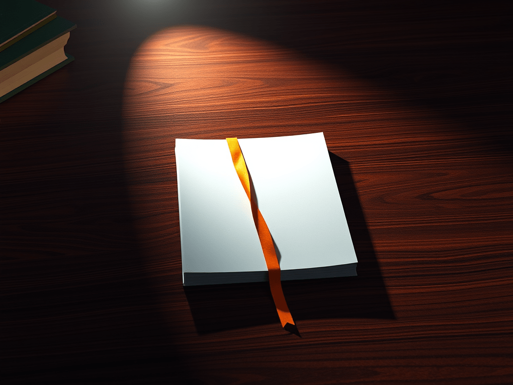Spotlight illuminating a single authoritative document with a vibrant orange seal on a dark desk, symbolizing the source cited in an AI search answer.