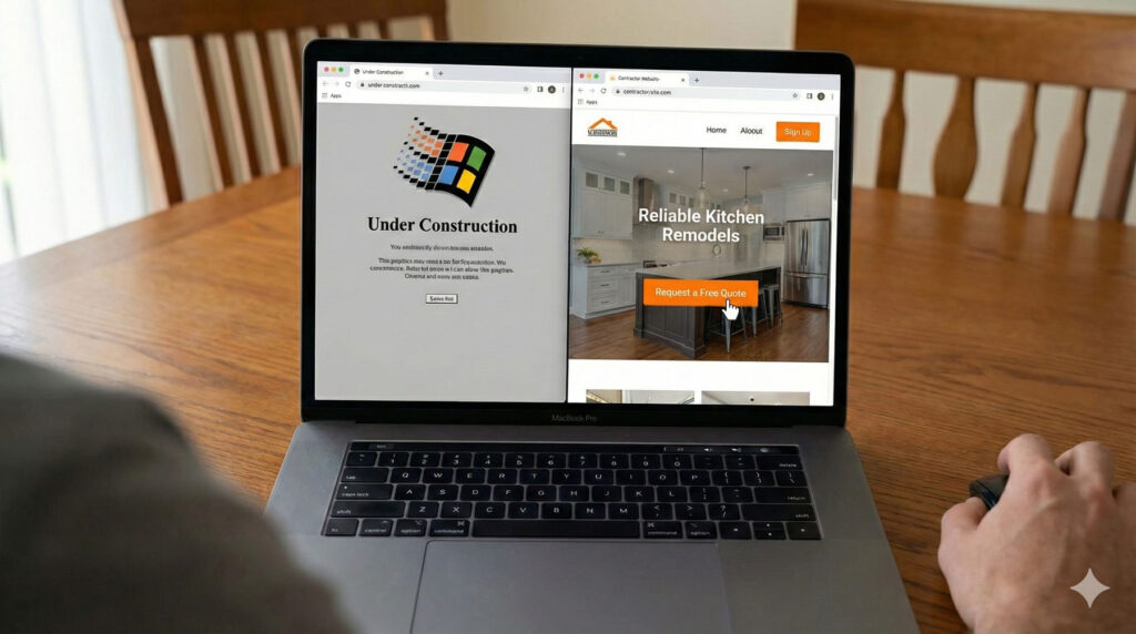 plit screen showing a side-by-side comparison of an outdated contractor site versus a professional modern website on a laptop.