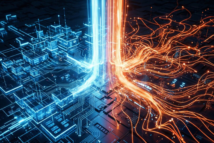 Abstract 3D illustration showing the structured data of traditional Google search merging with the fluid, glowing orange neural network of AI search to form a unified hybrid strategy.