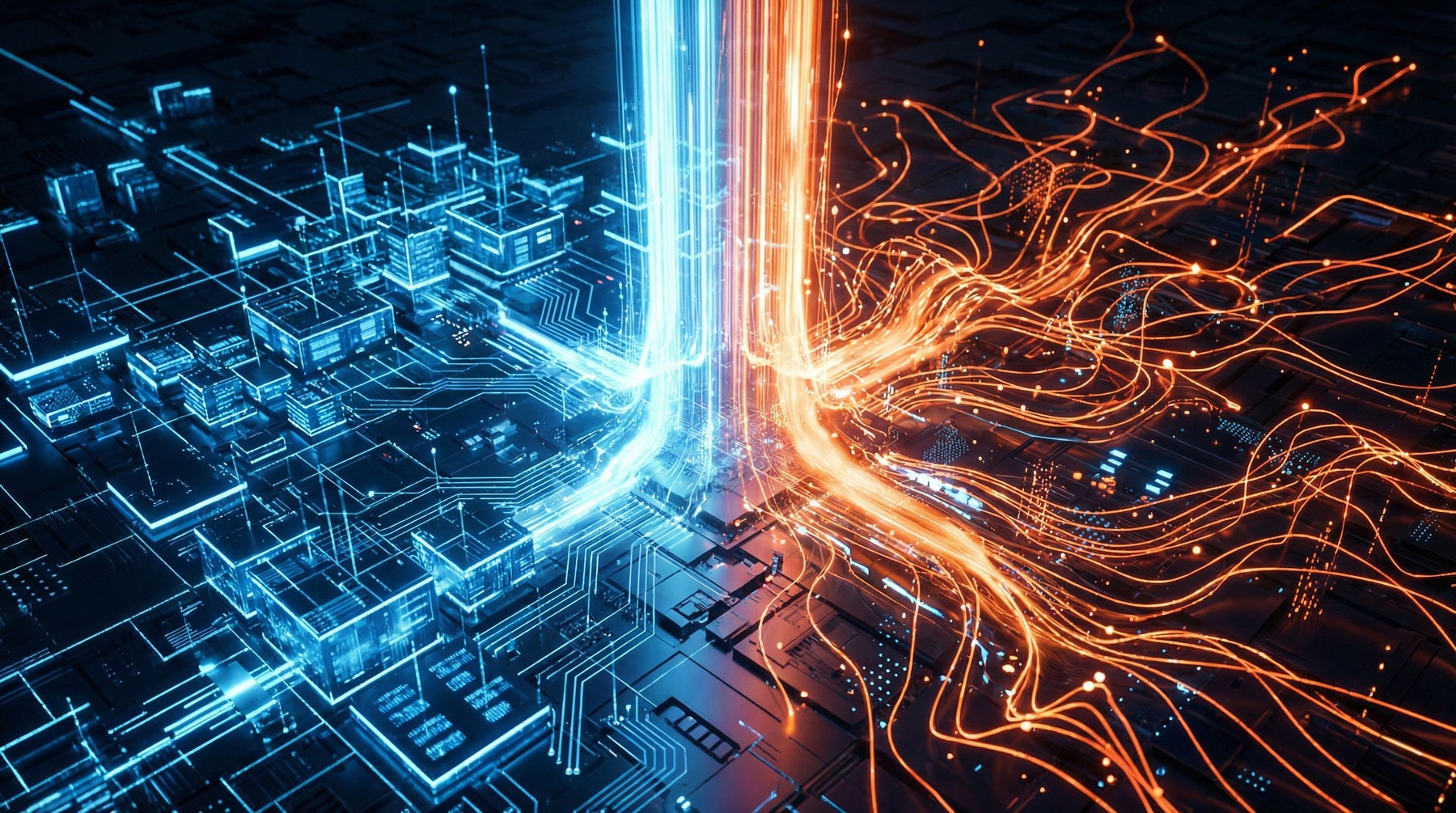 Abstract 3D illustration showing the structured data of traditional Google search merging with the fluid, glowing orange neural network of AI search to form a unified hybrid strategy.