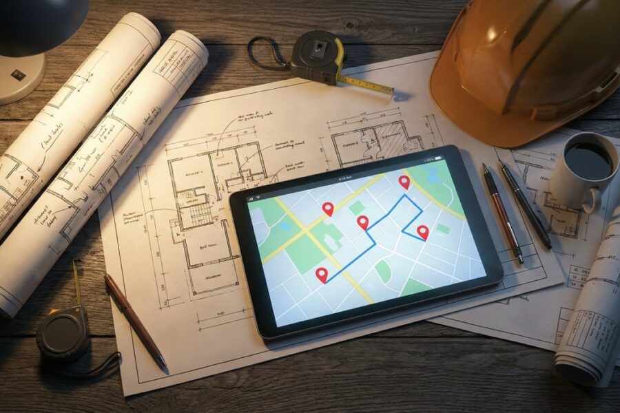 Tablet showing a local service map with pins on top of construction blueprints, hard hat, and contractor tools on a workbench.