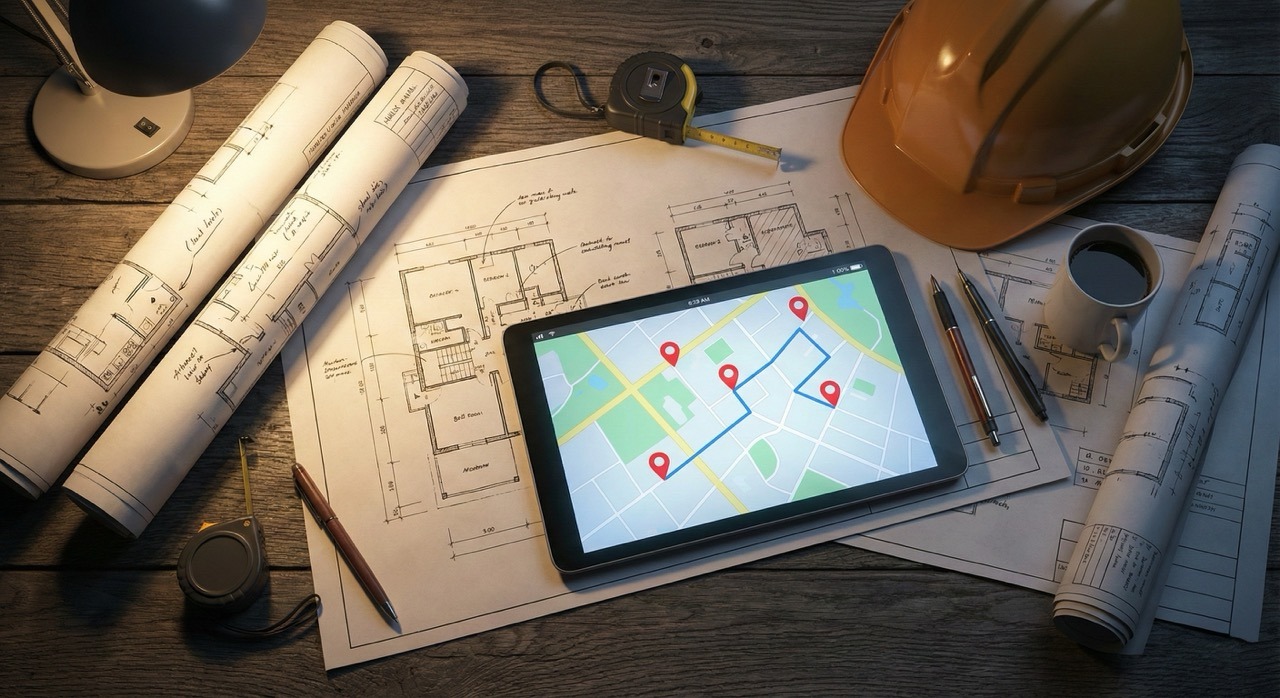 Tablet showing a local service map with pins on top of construction blueprints, hard hat, and contractor tools on a workbench.