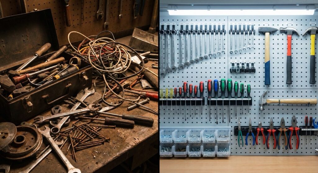 Side-by-side comparison of a cluttered toolbox and a neatly organized wall of tools in a contractor workshop.