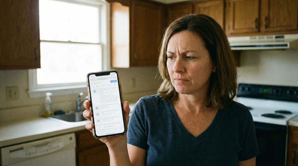 Homeowner looking skeptically at a mobile phone displaying a broken or outdated contractor website.