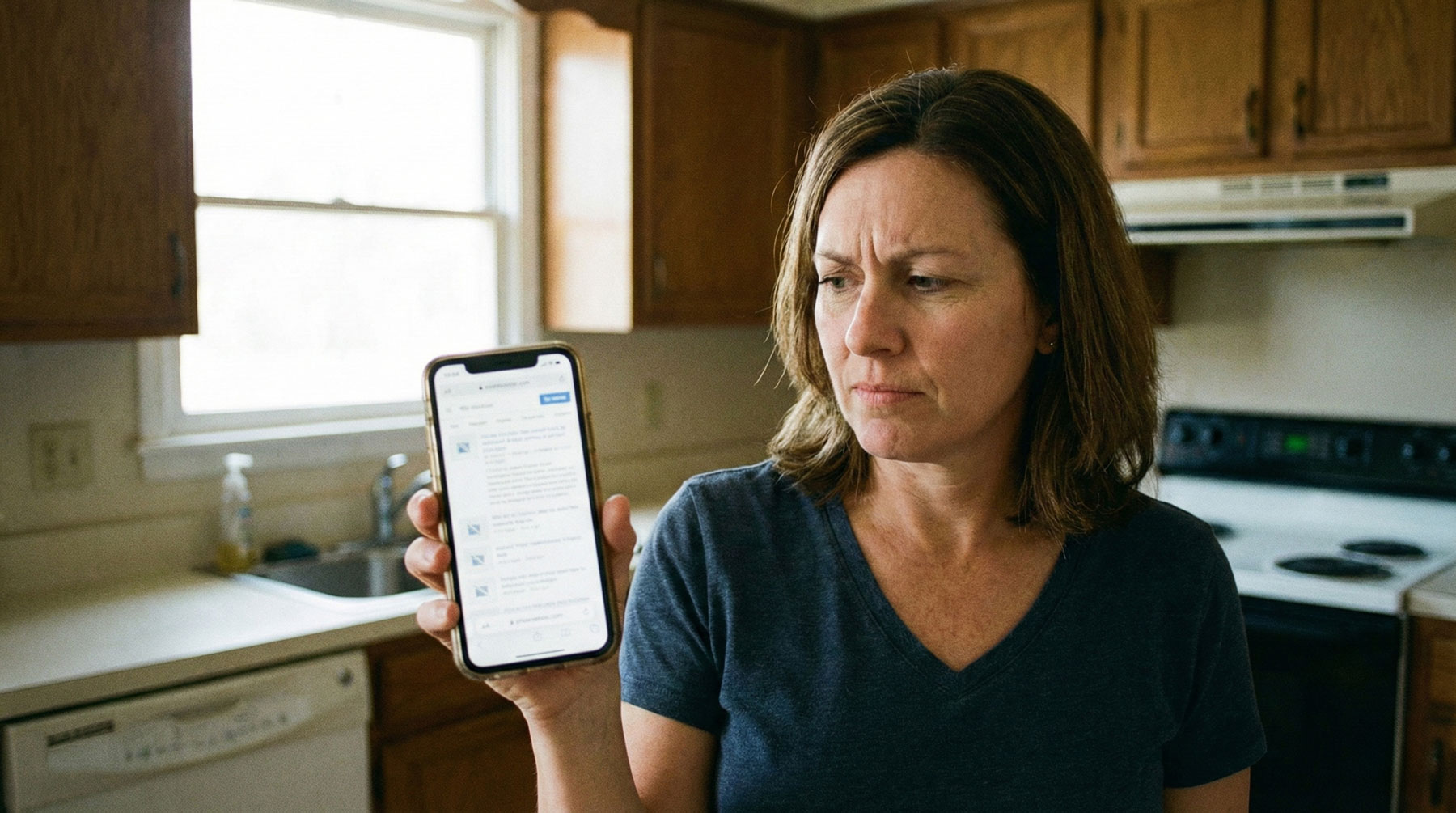 Homeowner looking skeptically at a mobile phone displaying a broken or outdated contractor website.