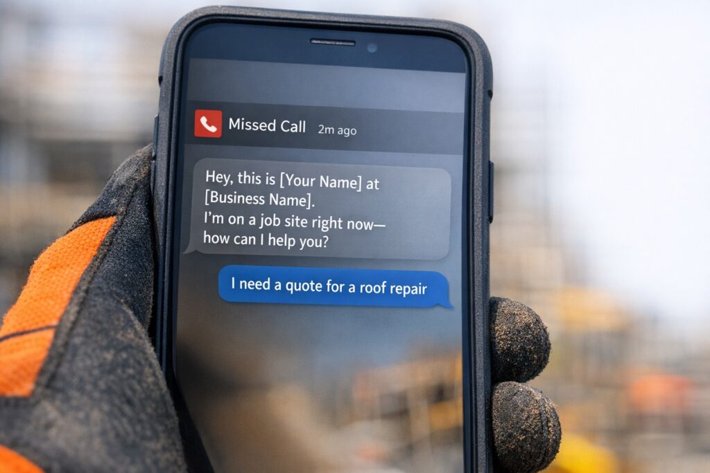 Contractors phone showing a completed missed call text back with a new lead.
