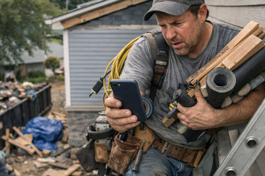 A busy contractor up on a ladder on a job site missing another phone call.