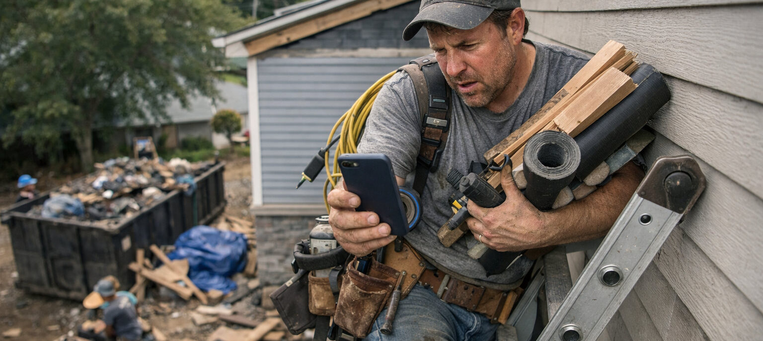 A busy contractor up on a ladder on a job site missing another phone call.