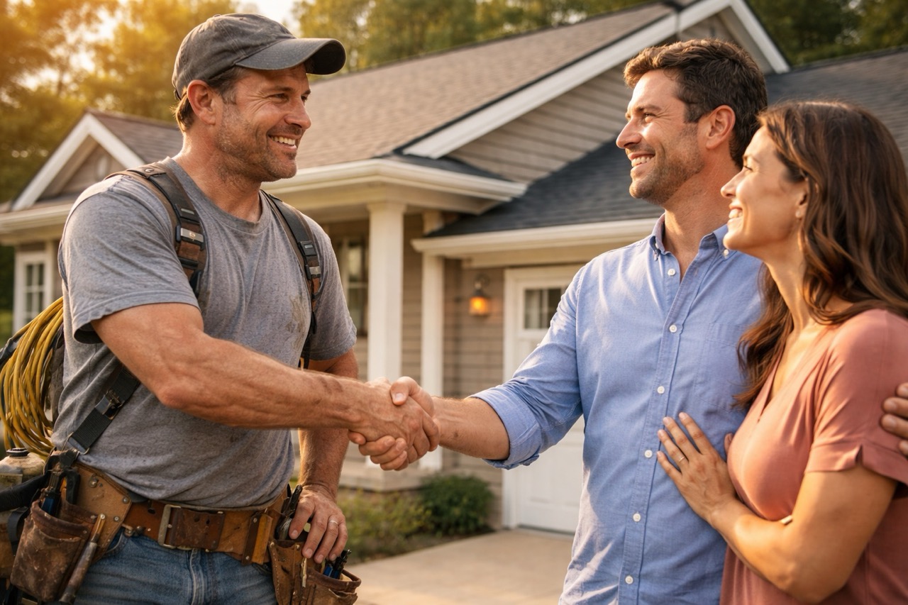 Happy customer shaking hands with contractor after completed project