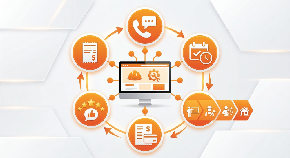 Connected contractor business system showing website linked to phone, reviews, booking, and job management