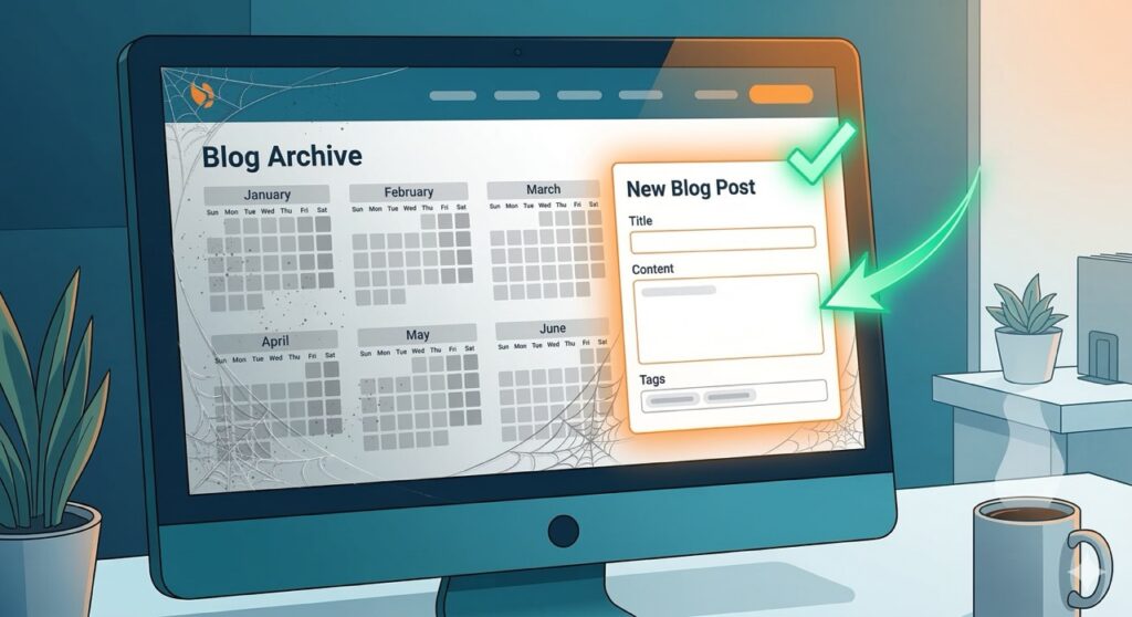 Neglected website blog with cobwebs next to a fresh new blog post being published