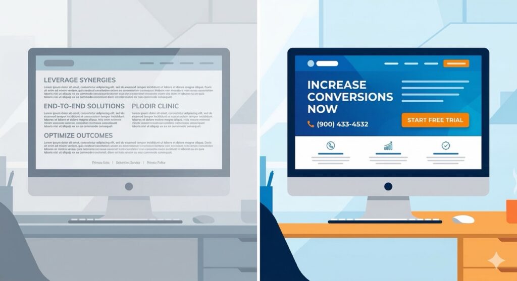Side-by-side comparison of a confusing website homepage versus a clear, conversion-focused homepage