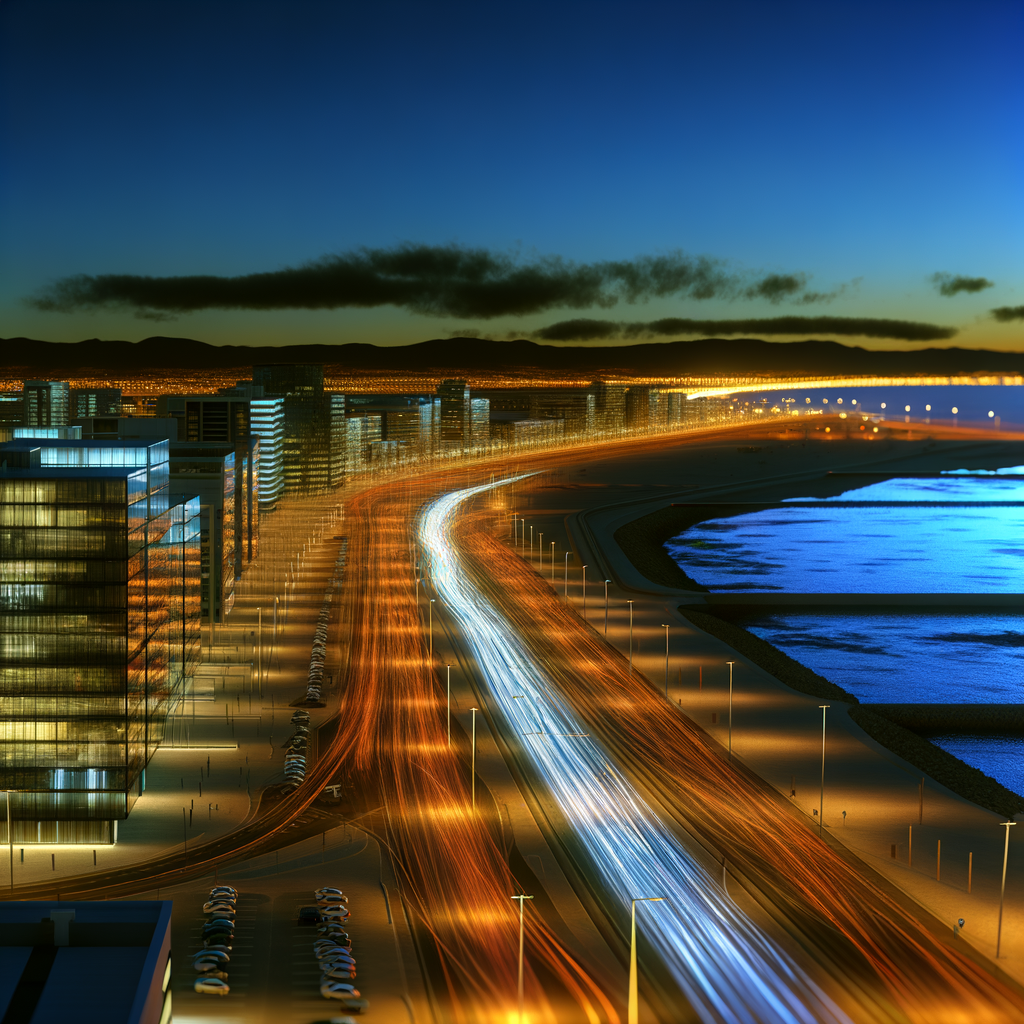 Aerial view of a city at dusk with streams of light flowing through streets representing traffic and business momentum