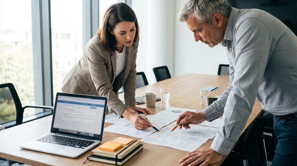 Business owner and marketing strategist reviewing practical visibility audit notes in a real office.