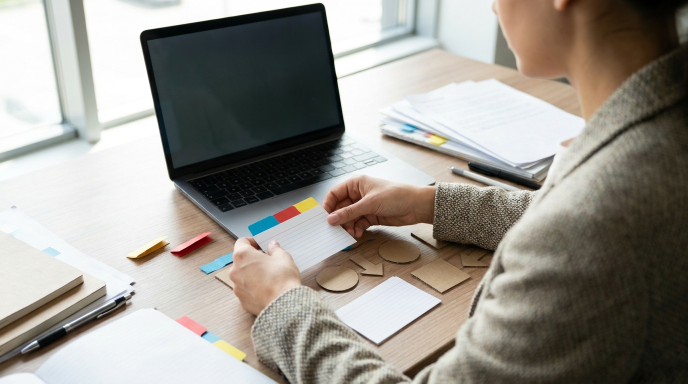 Marketing audit workspace with blank planning cards, tabs, and a laptop arranged for visibility review.