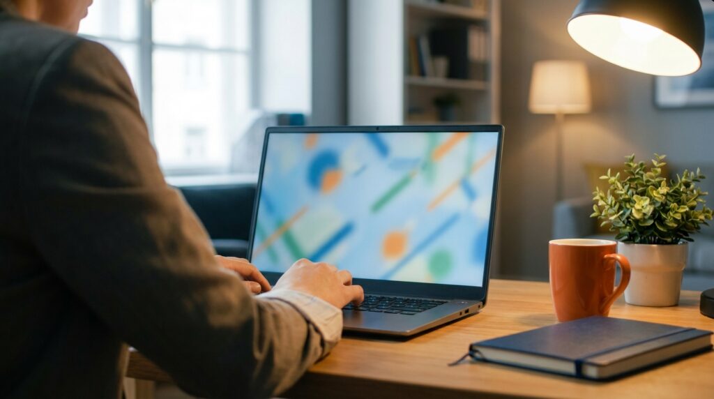 Business owner reviewing AI search visibility results and local competitor recommendations on a laptop.