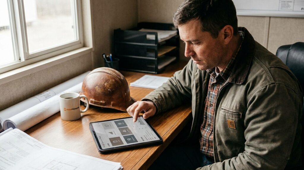 Contractor reviewing local lead generation, Google Business Profile performance, reviews, and follow-up tasks on a tablet.