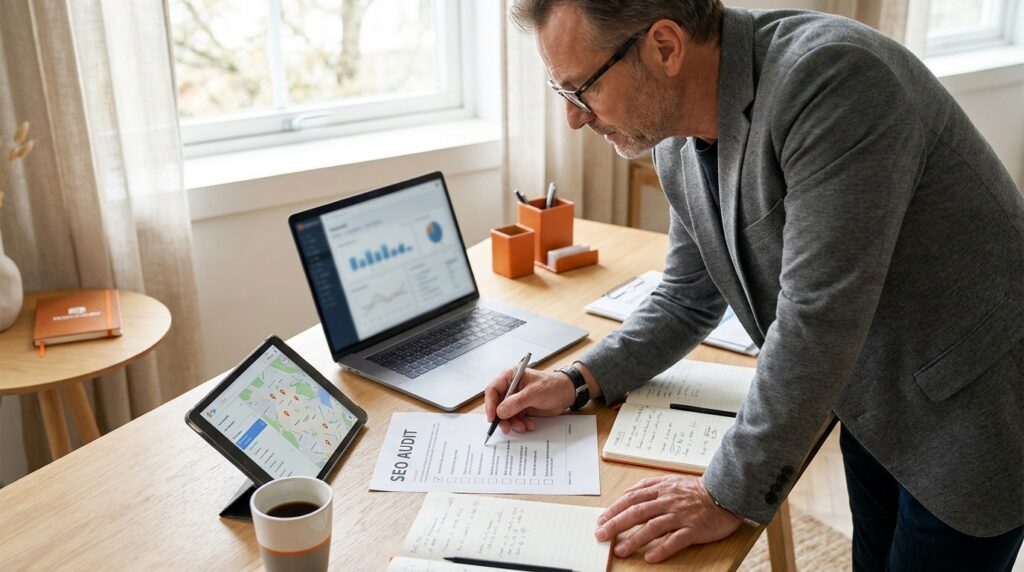 Marketing strategist reviewing an SEO checklist with search data, local visibility signals, and website optimization notes.