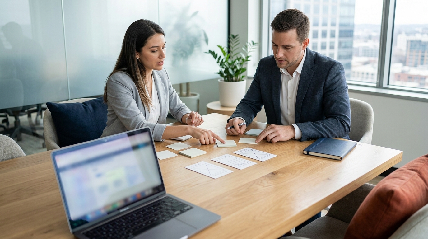 Marketing strategist and business owner planning a website redesign around buyer questions, proof points, and conversion paths.