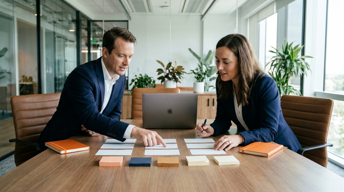 Marketing strategist and business owner planning website redesign strategy around buyer questions and conversion paths.